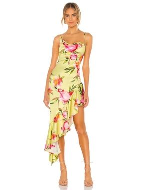 New w/imperfections NBD Kaz Floral Gown Yellow Watercolor Sz S asymmetrical